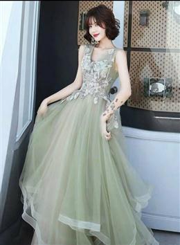 Picture of Green and Pink Tulle Long V-neckline Long Evening Dresses Party Dresses, Sweet 16 Formal Dreses